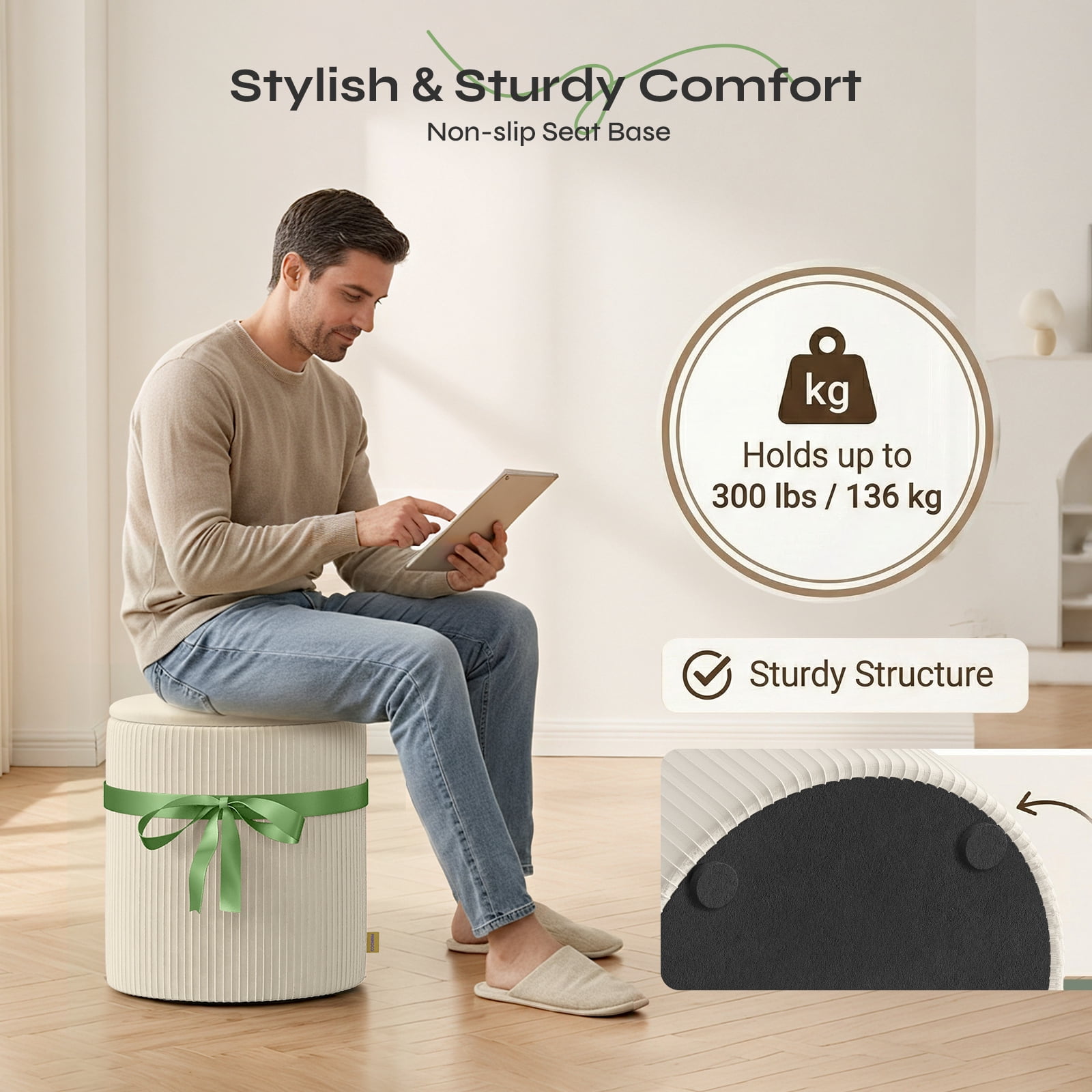 Pinmoco Corduroy Round Storage Ottoman Set of 2, Upholstered Vanity Stool, Foot Stool with Decorative Ribbon for Living Room Bedroom, Beige