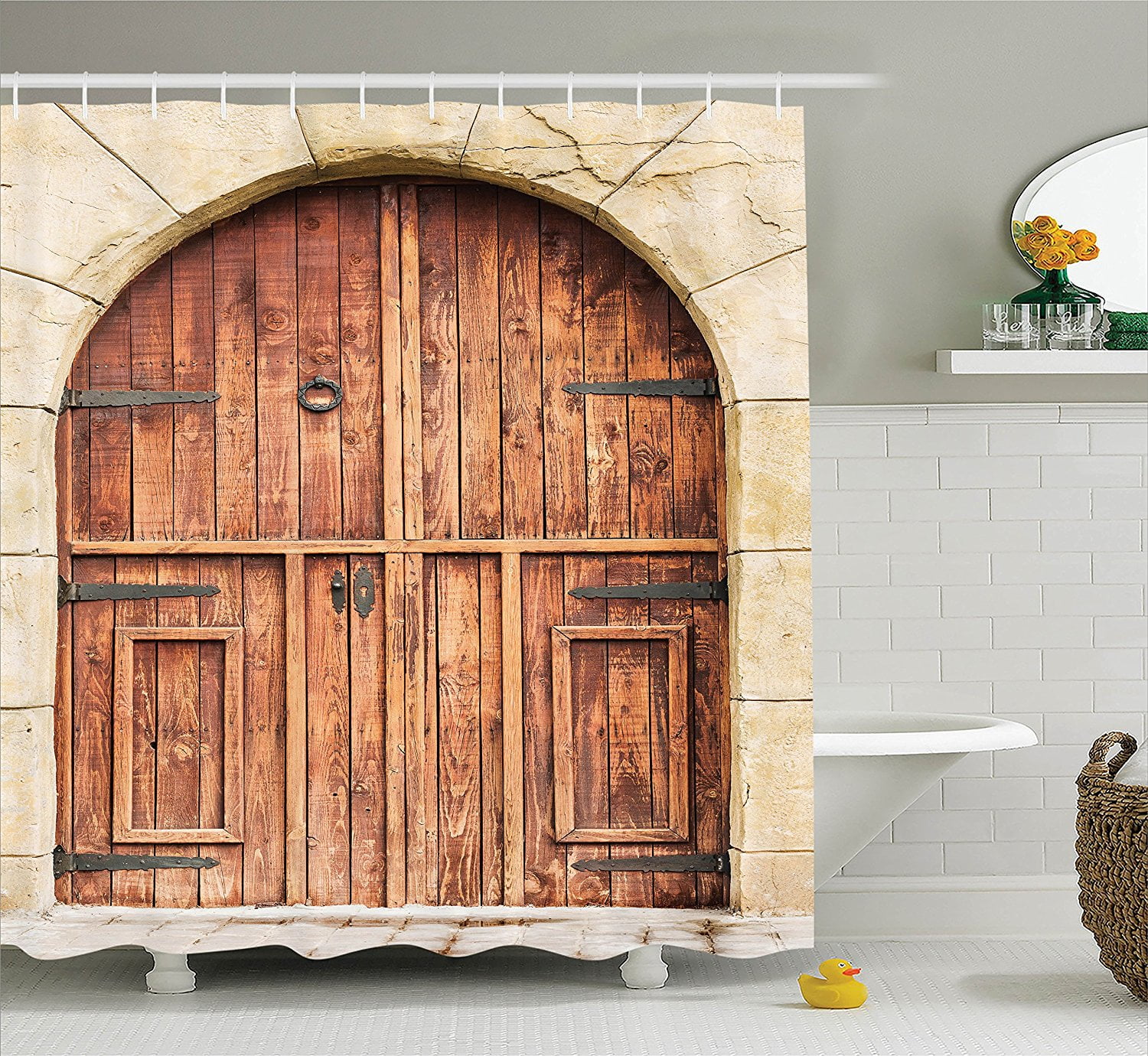 Rustic Decor Shower Curtain Set by , Traditional Oak Crafted Doorway on