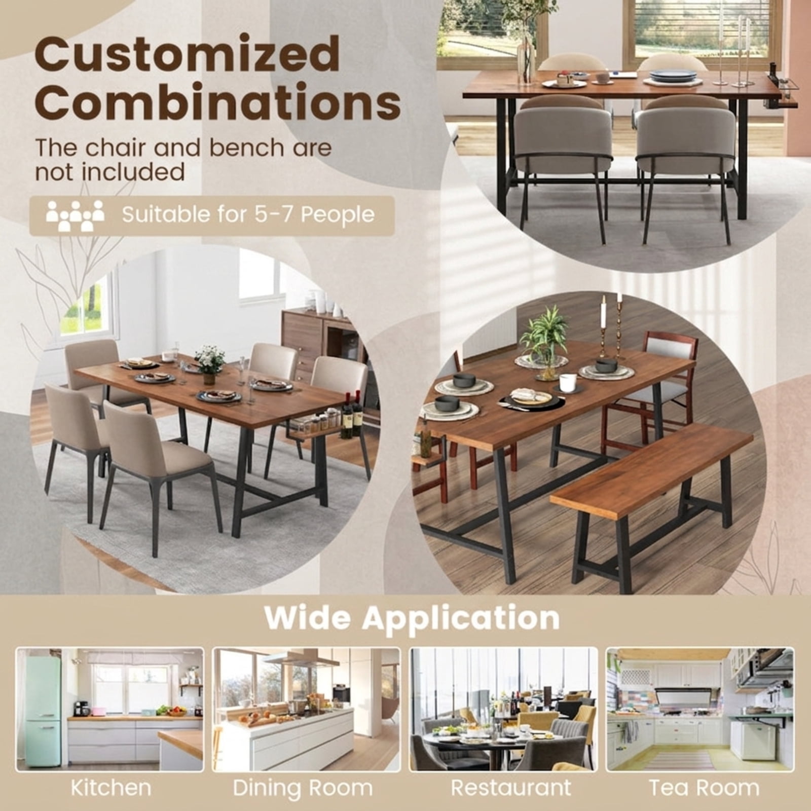 Furnibear 72 Inch Dining Table Rectangular Kitchen Table with 2-Bottle Wine Rack for 5-7 for Kitchen Dining Room Breakfast Nook Small Space, Walnut