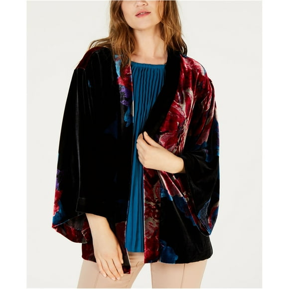 Trina Turk Womens Velour Printed Poncho Jacket, Black, Medium