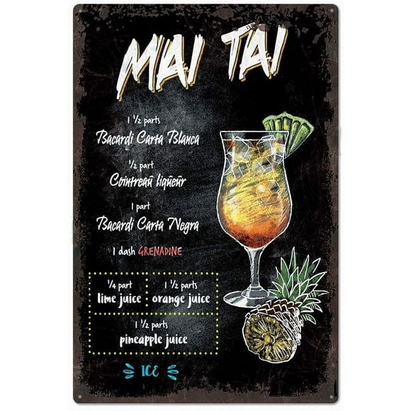 HAHDAXIA Black Original Design Cocktail recipe Tin Metal Wall Art Poster, Thick Tinplate Wall Decoration Signs for Man Cave/Bar (MAI TAI, 8x12 Inches (20x30 CM))