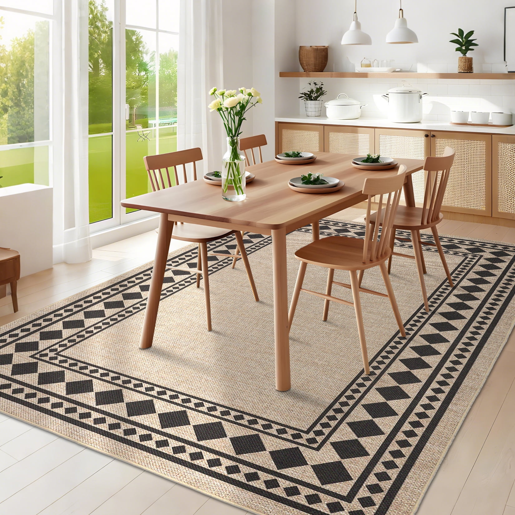 Garvee 9'x12' Modern Bordered Rug Solid Area Rug, Geometric Washable Rugs Stain Resistant Low Pile Rug Non Slip Indoor Outdoor Carpet for Living Room Bedroom Home Office, Jute