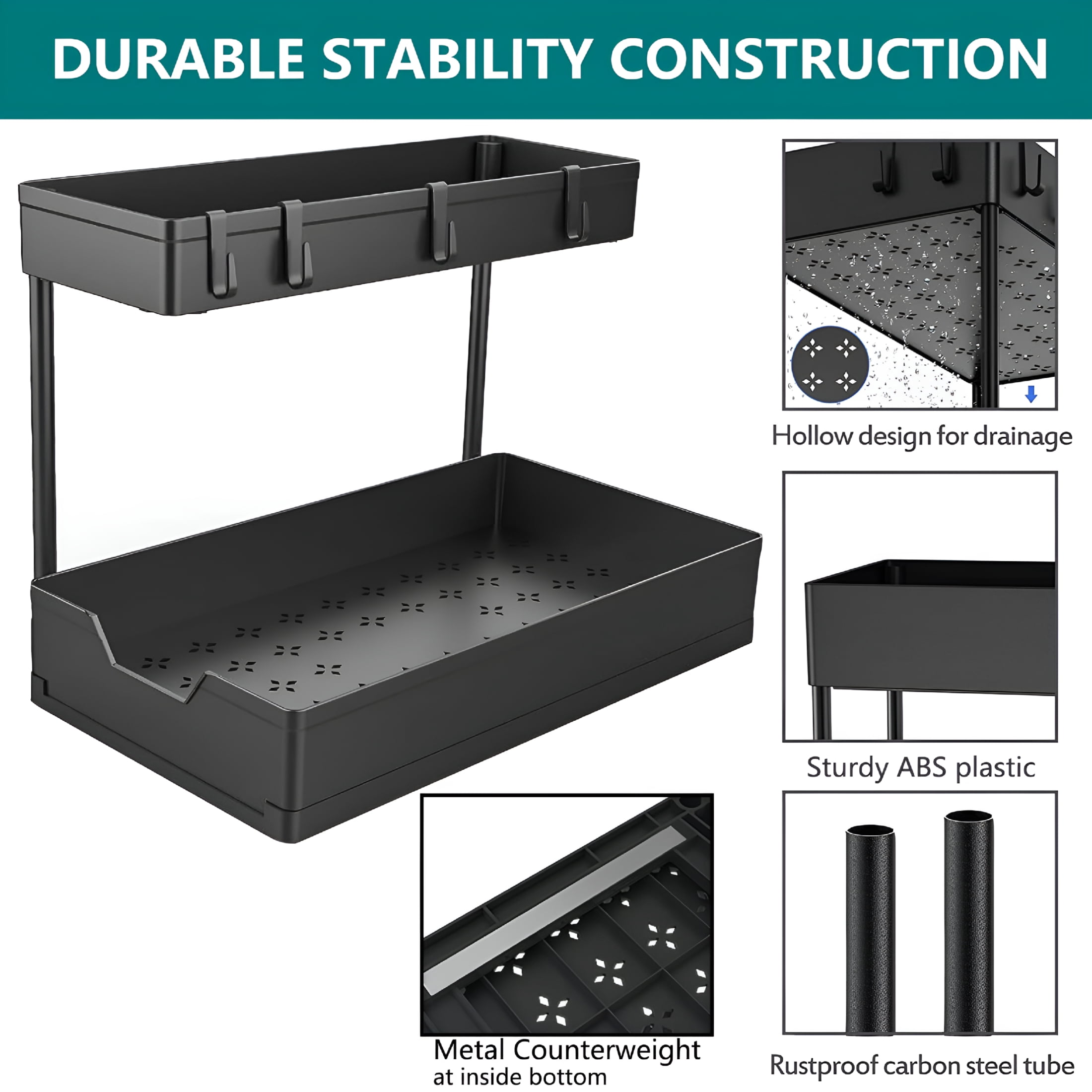 XIBUFE 2-Pack Under Sink Organizer Storage,2 Tier L-Shape Multi-Purpose Large Capacity Kitchen Under Sink Organizers for Narrow Space Easy Access Sliding Storage Drawer with Hangers for Bathroom