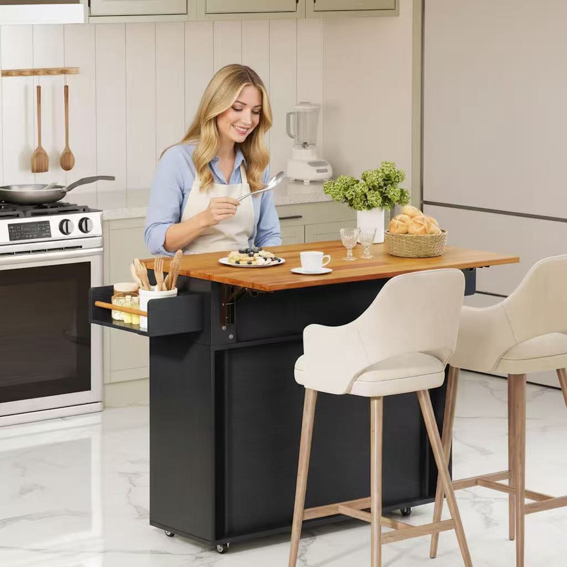 Aisword Rolling Kitchen Island with Drop Leaf Countertop, Mobile Kitchen Cart on Wheels, Sliding Door, Drawers, Spice Rack & 2-Tier Storage, Black