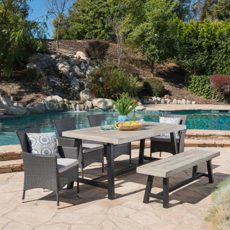 Malik Outdoor 6 Piece Wicker Dining Set With Acacia Wood Table And