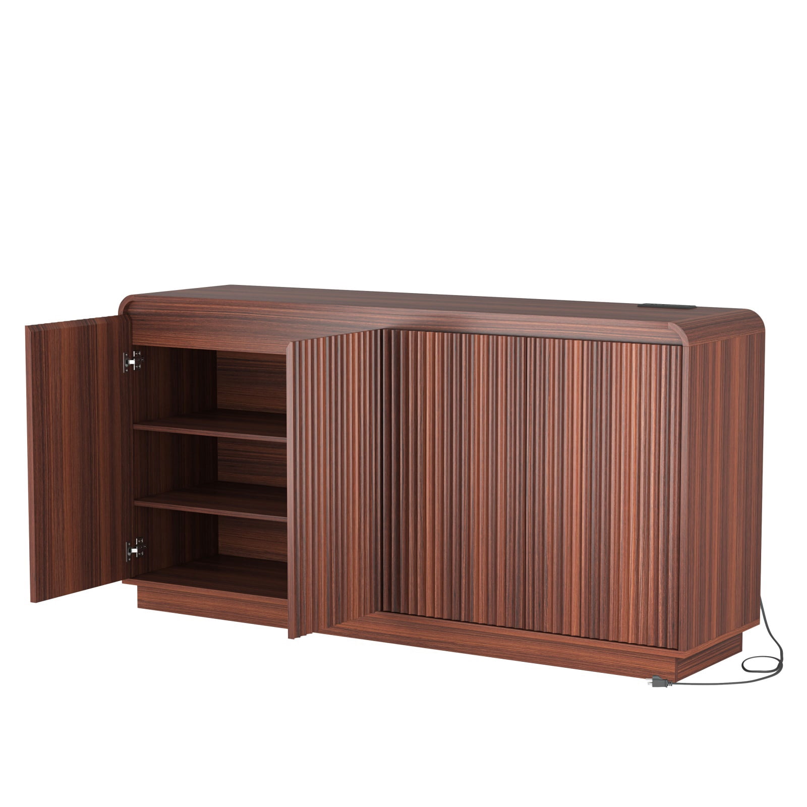 Hommoo Wooden Fluted Sideboard Buffet Cabinet with 4 Doors, Adjustable Shelves & Power Outlet, Multifunctional 3-Tier Storage Cabinet Credenza for Home, Office, Walnut