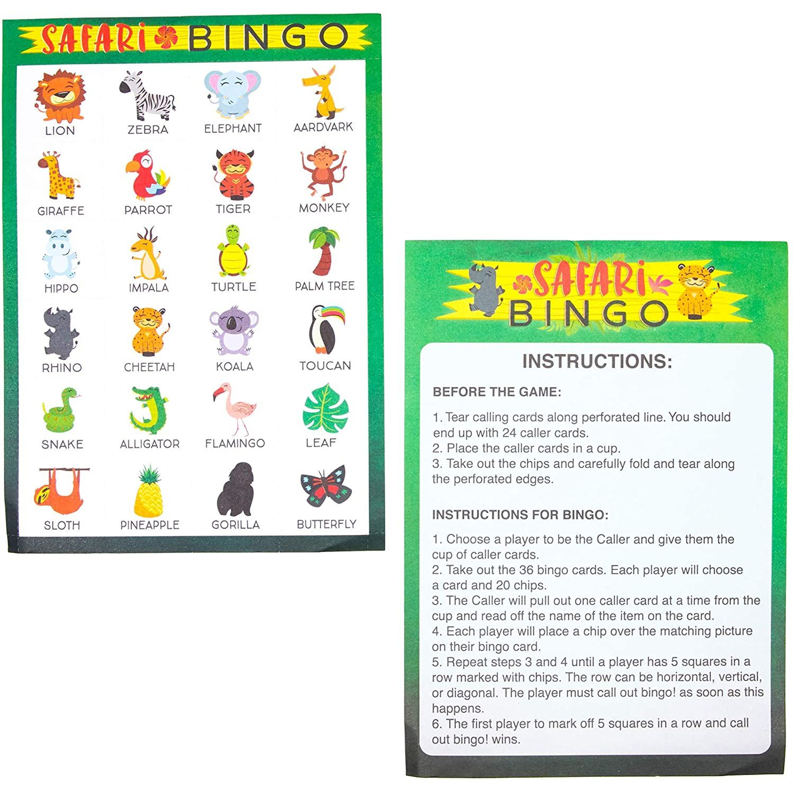 36 Pack Safari Jungle Bingo Game Cards Set for Kids Animal Birthday ...
