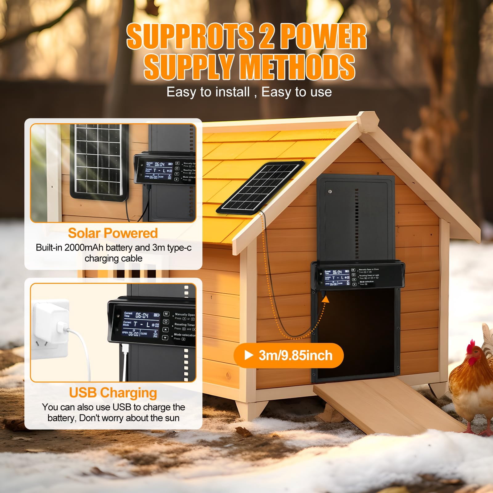 Automatic Chicken Coop Door Solar Powered, LCD Display Automatic Chicken Door with Timer & Light Sensor, Aluminum Alloy Chicken Door with Remote Control & 4 Modes Automatic Chicken Door Solar