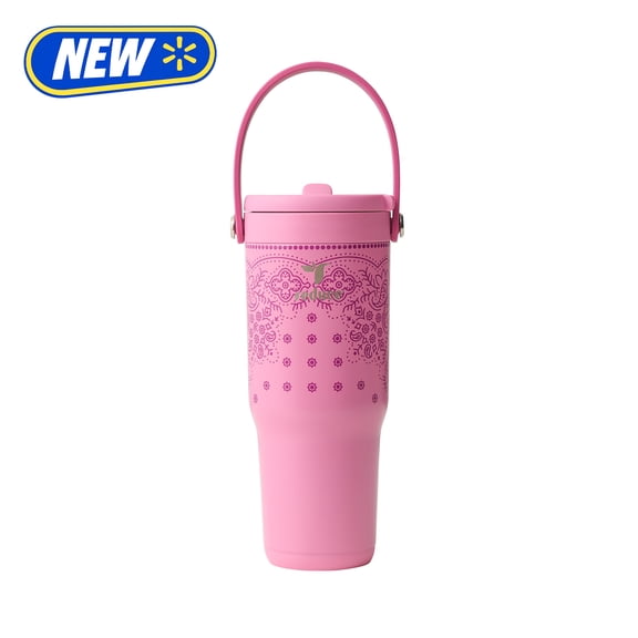 Reduce 24oz Chiller Go Travel Tumbler with Bucket Handle, Lid & Flip Up Straw, Insulated Stainless Steel, Rosy Pink Bandana