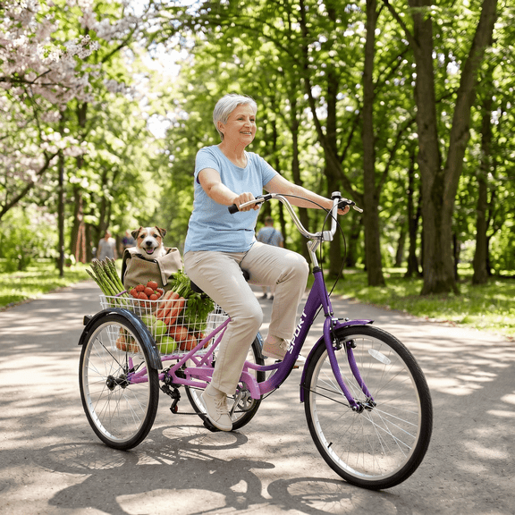 Mousport Adult Tricycle 7-Speed Trikes 3 Wheel Cruiser Bike with Rear Basket, Adjustable Seat, 26" All-Terrain Wheels, 360lbs Capacity for Seniors/Commuting (PURPLE)