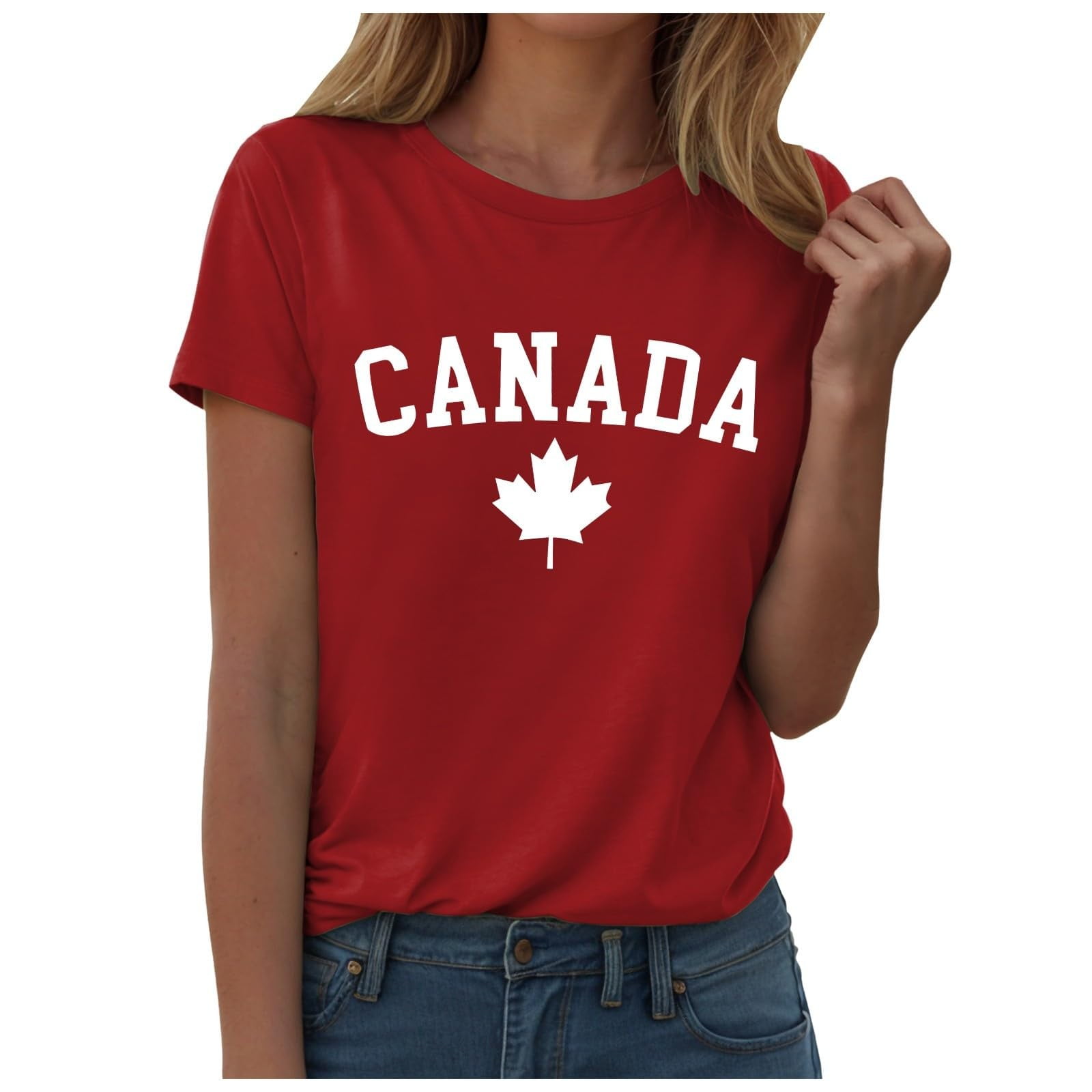 WEIYLL T-Shirt Femme Fête du Canada Lettre Feuille d'Érable Imprimé Rouge Hauts Tailles P