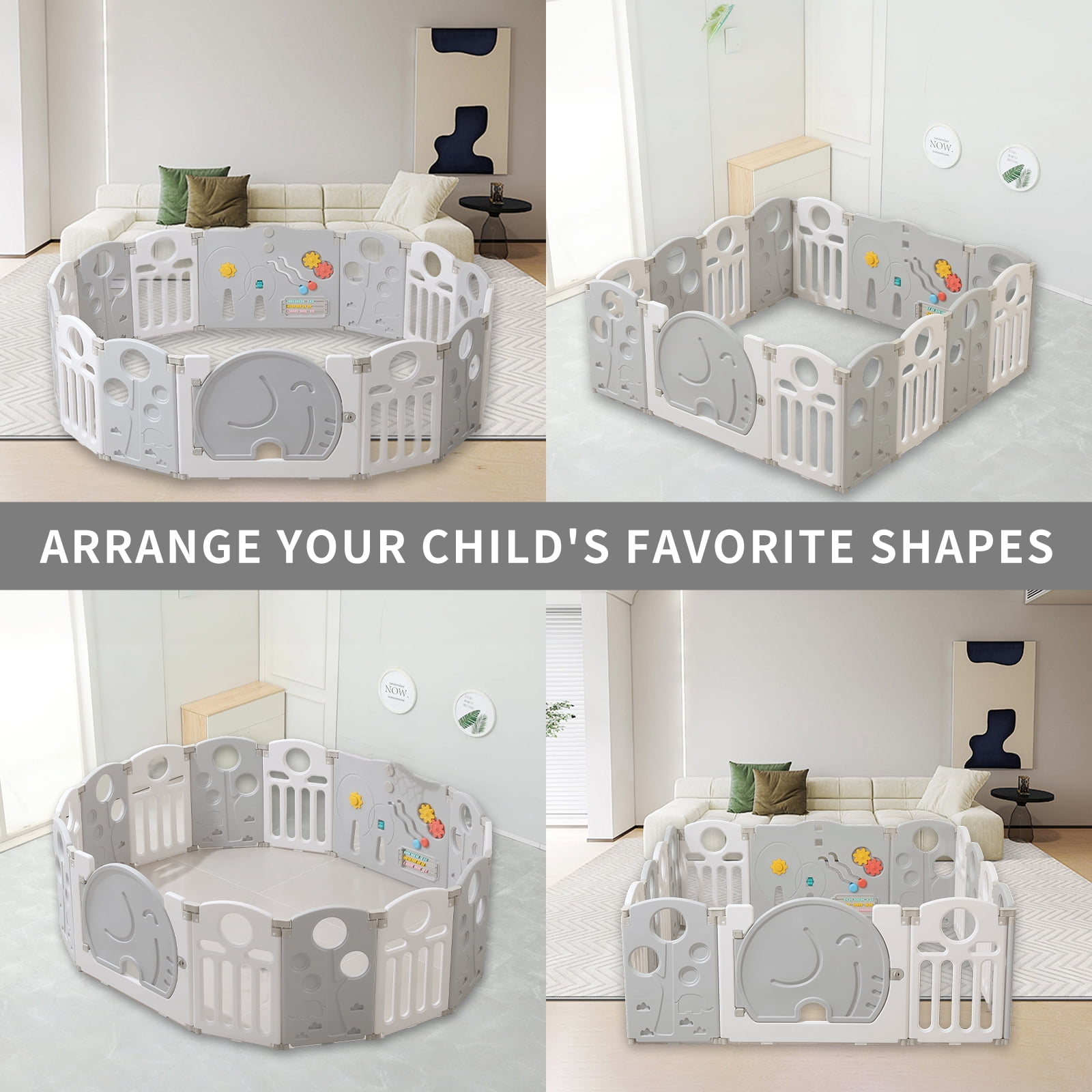 Kids and Toddlers' Playpen,Kids Activity Center Safety Play Yard for Indoor&Outdoor,Portable,Plastic,Grey&White,14 Panels