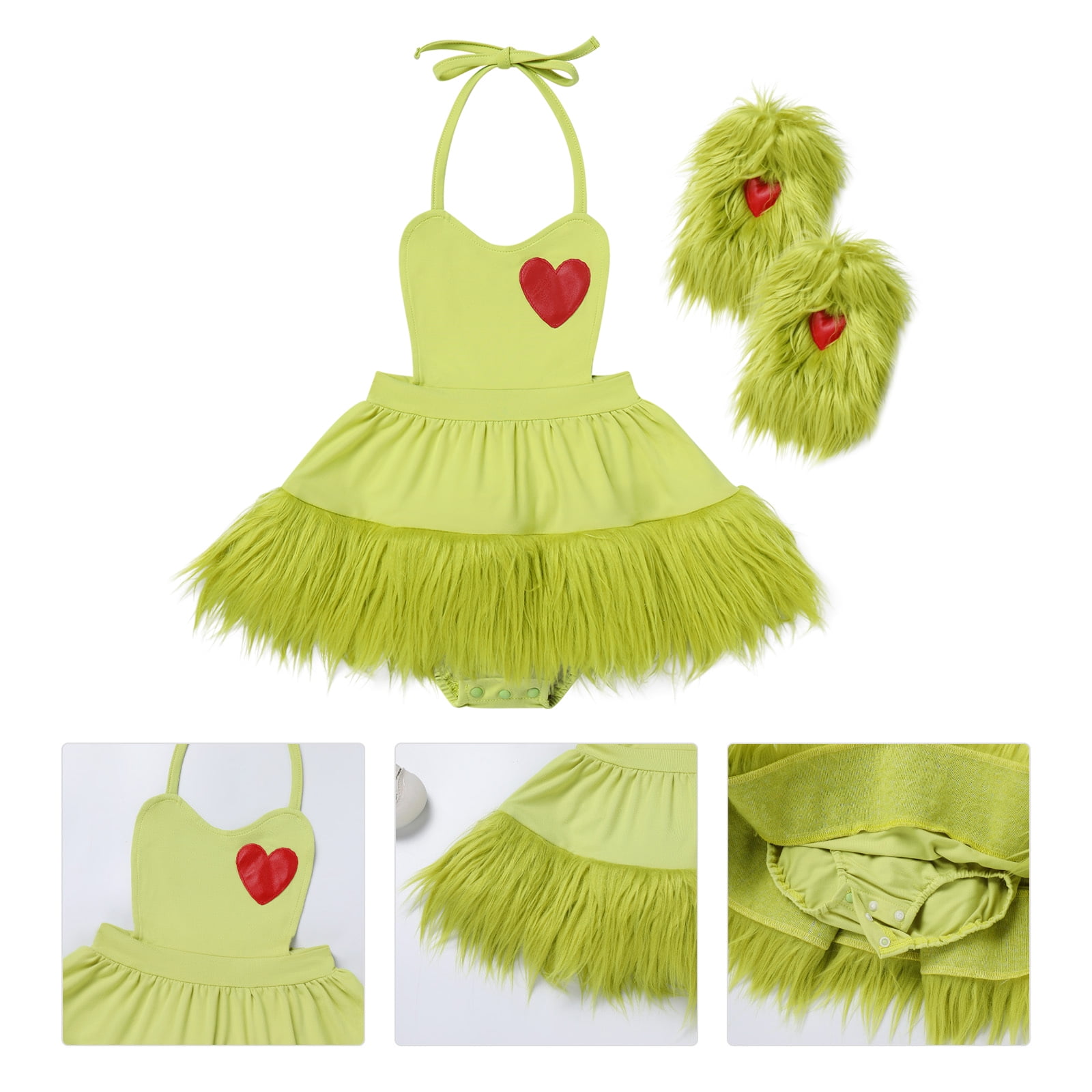 FYMNSI Baby Girl Christmas Outfit Toddler Green Faux Fur Romper Tutu Dress with Leg Warmers Xmas Dress Up Clothes