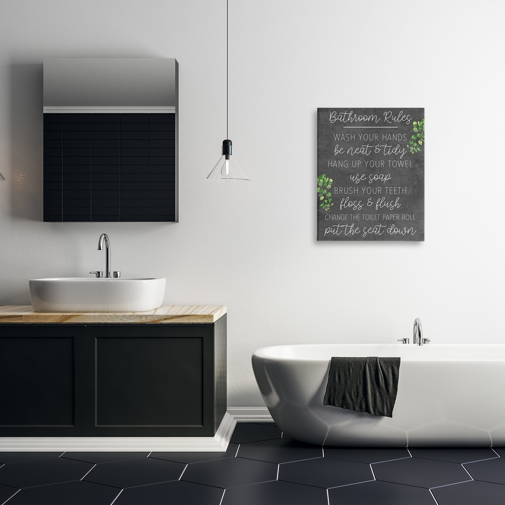 Stupell Industries Bathroom Rules with Greenery Bath & Laundry Painting Wrapped Canvas Art Print Wall Art, 24 x 30
