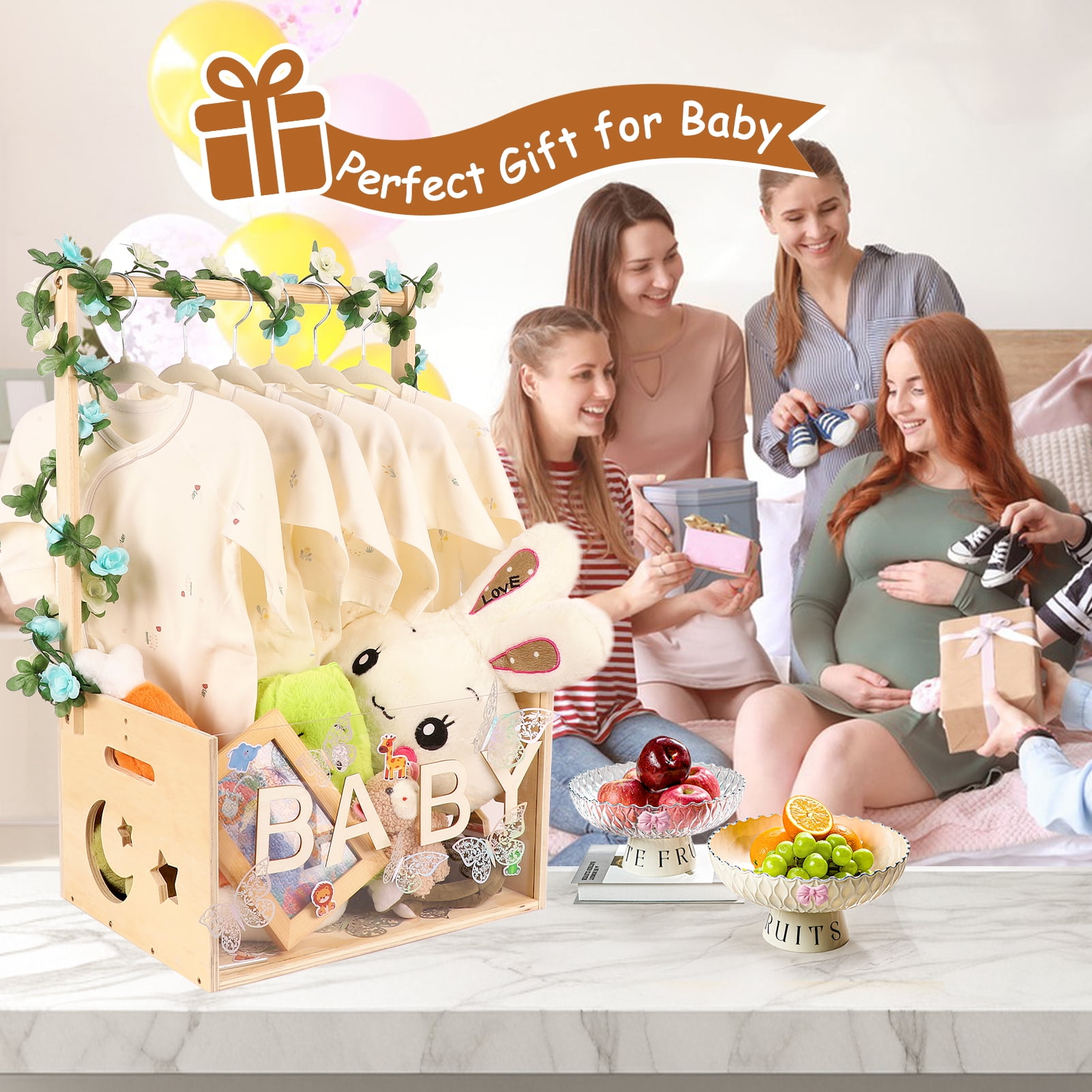 Baby Shower Crate Closet with Acrylic Clear Front Panel, Wood Shower Basket with Handle, Perfect Storage Crate for New Baby Gift