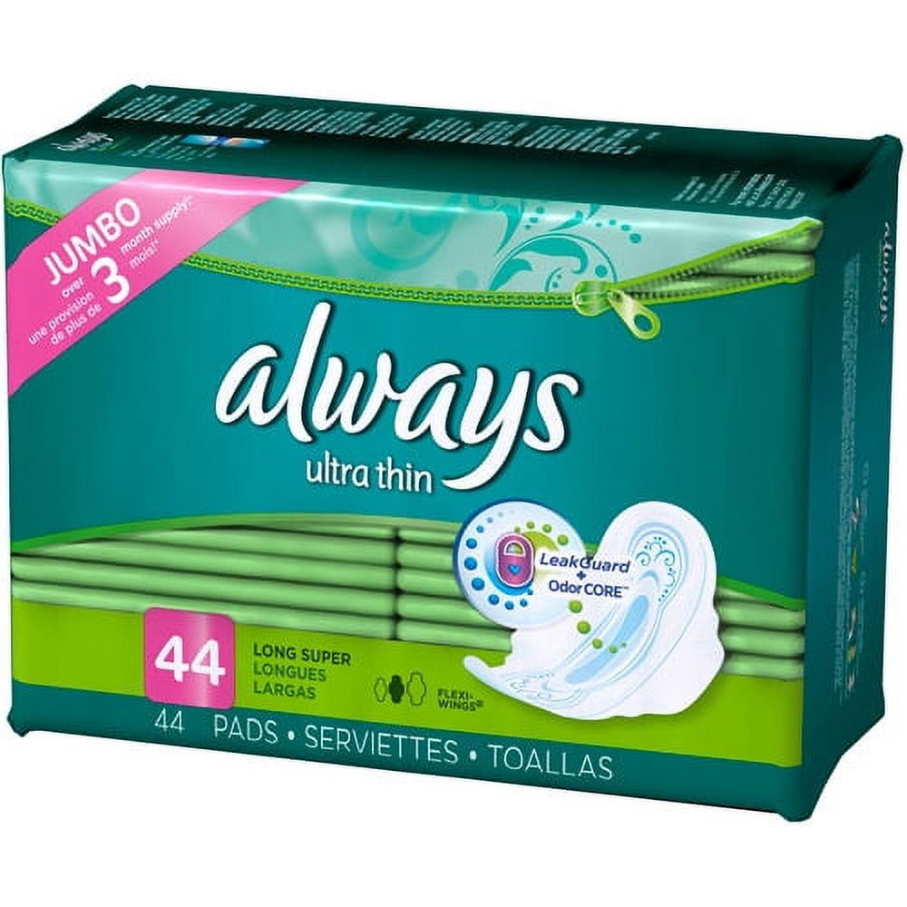Always Ultra Thin Pads with Wings, Long, Super, 44 Count