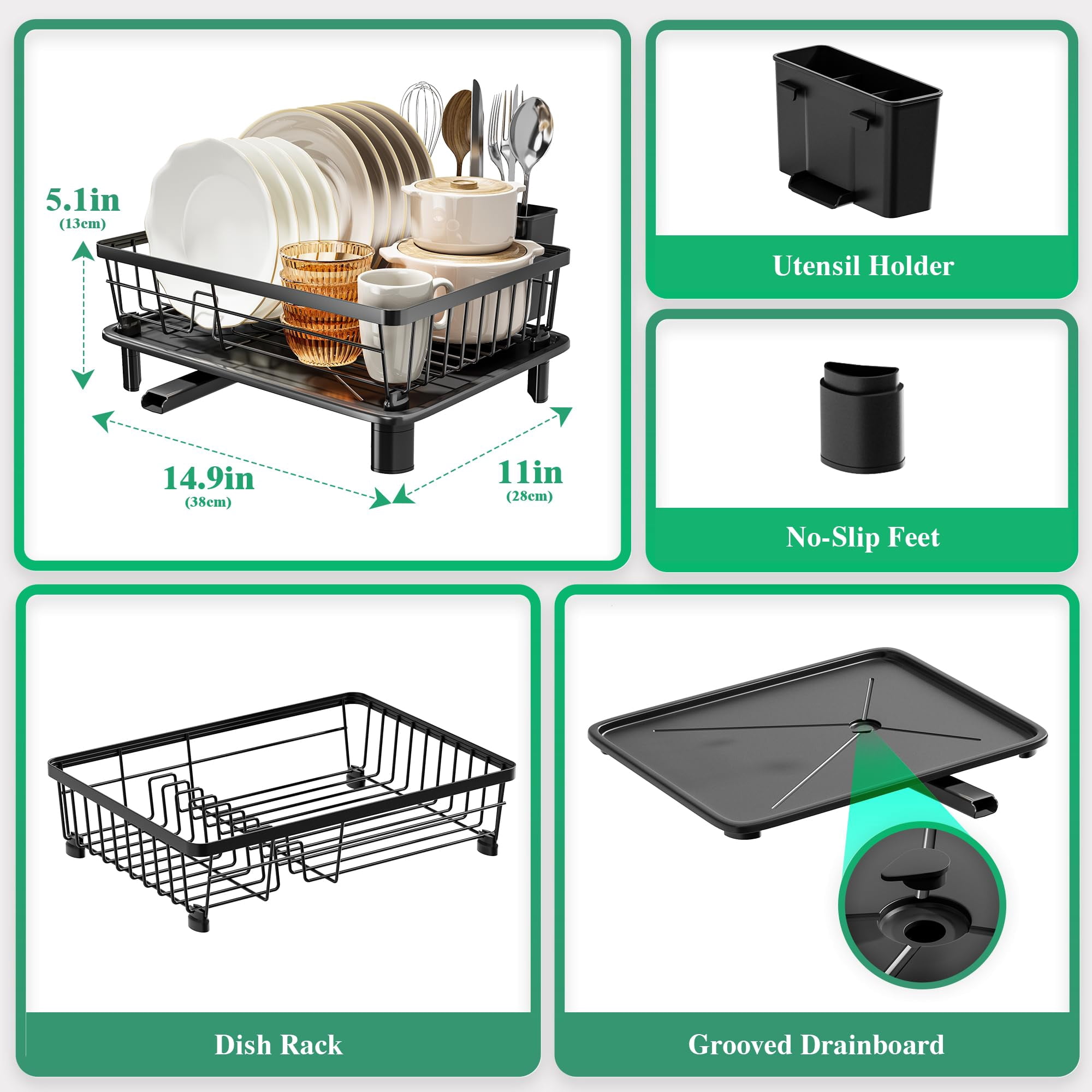 Dish Drying Rack  Stainless Steel Racks For Kitchen Counter Drainer With Removable Utensil Holder Drainboard (black 11''w X 15''l)