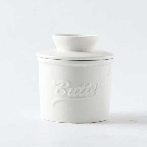 White Ceramic Butter Crock with Spreadable Butter and Water Line