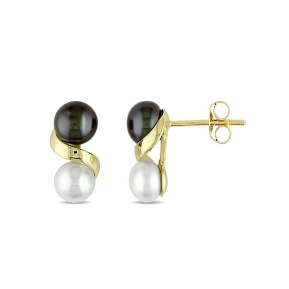 5.5-6 mm Black and White Cultured Freshwater Pearl Earrings in 10K Yellow Gold for Women
