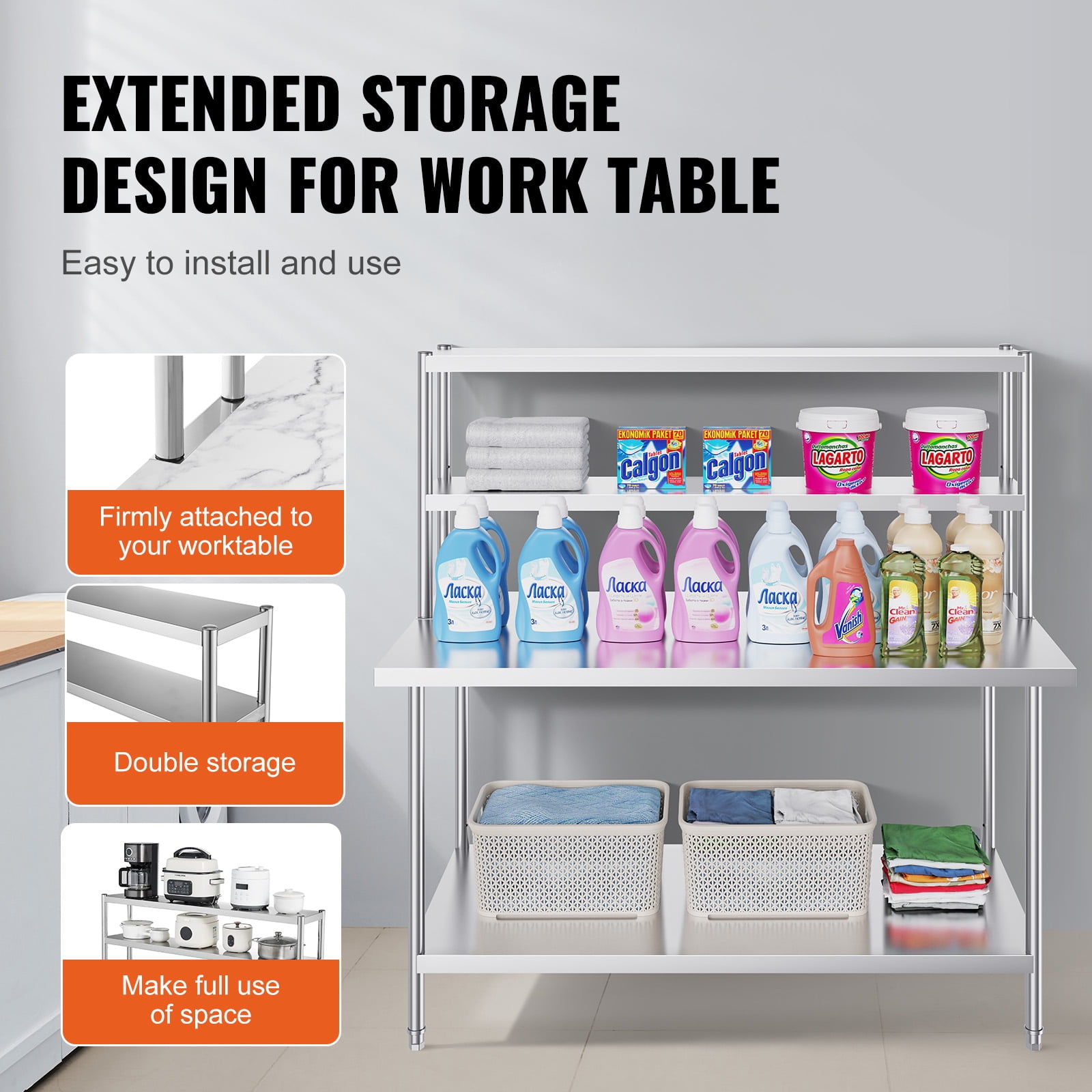 KFFKFF Dual-Level Shelf, Stainless Steel, 12x60 Inch, Adjustable Height, for Kitchen, Restaurant, Workshop