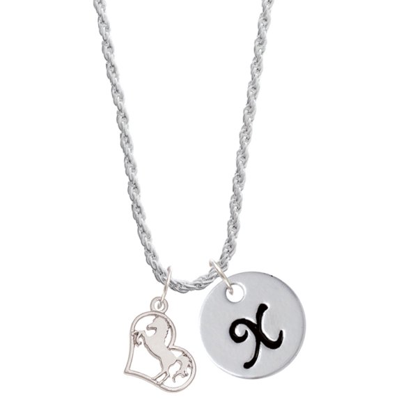 Delight Jewelry Silvertone Stallion Silhouette Heart Silvertone Script Initial Disc - X - Charm Necklace, 20"+3"