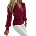 thumbnail image 5 of Lohuatrd Women Spring Shirt Deep V Neck Pleated Striped Color Matching Long Sleeve Solid Color Lantern Sleeve Slim Fit OL Commute Top, 5 of 8