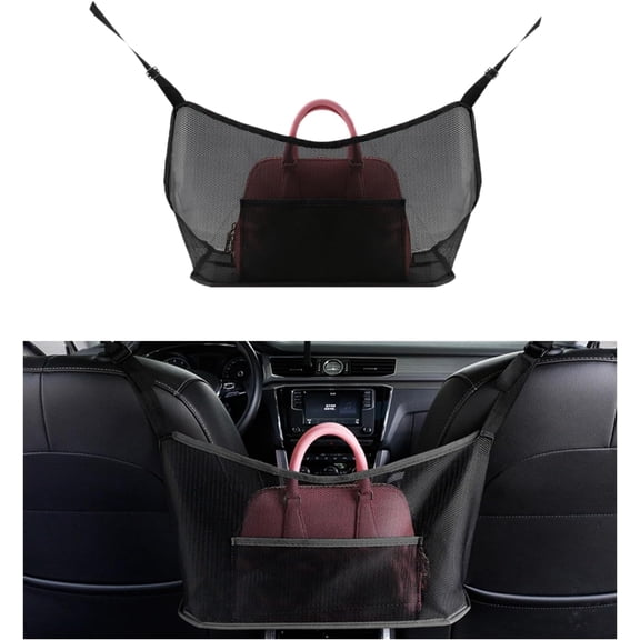 Car Net Pocket Handbag Holder, Organizer Mesh Bag Between Two Seat, Driver Storage Netting Pouch for Handbag Purse, Barrier of Backseat Pet Kids