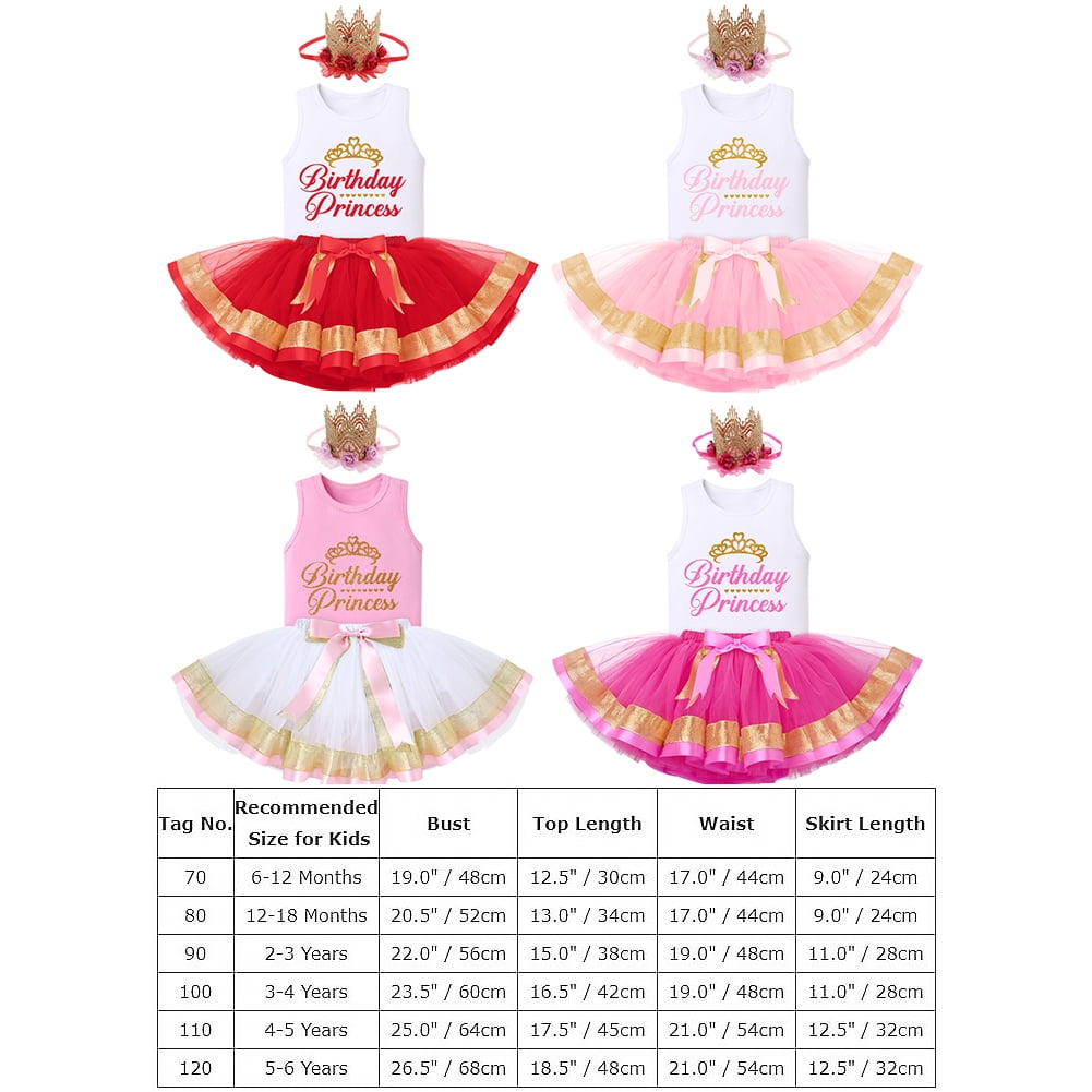 IBTOM CASTLE Toddler Baby Girls Princess Birthday Outfits Sleeveless Printed Vest Tops+Tulle Tutu Dress+Flower Crown Party Clothes 4-5 Years Pink