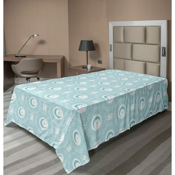 Ambesonne Oriental Flat Sheet, Monochrome Bohemian Motifs, Twin Size, Blue Grey and White