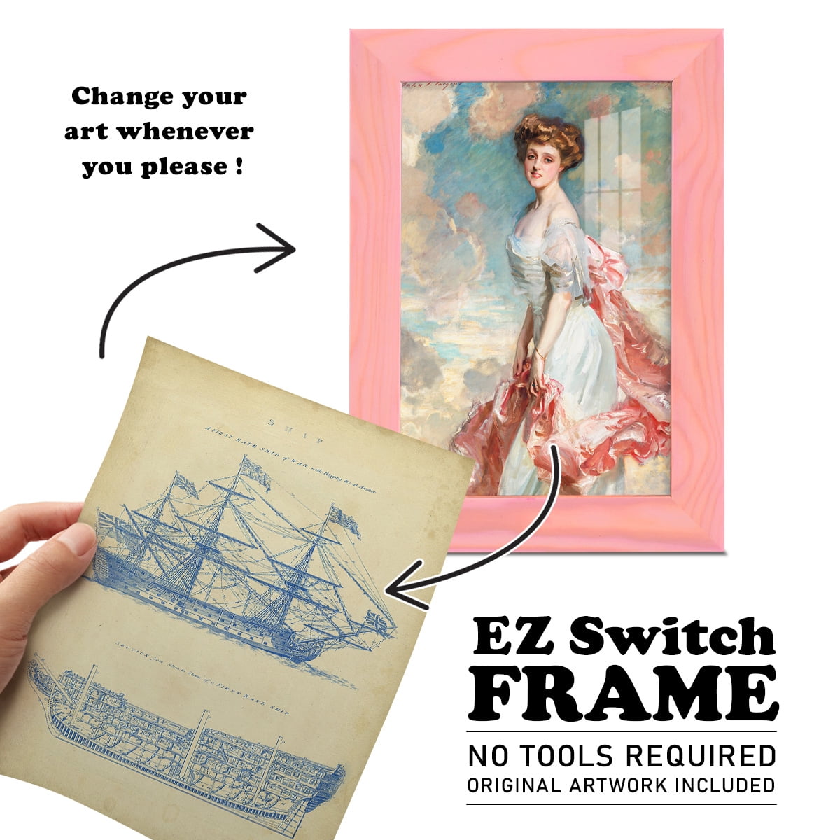Vintage Ship Blueprint -Framed Print w/glass-Sunset Pink
