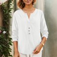 thumbnail image 2 of VNKIDY Women Shirts Summer Solid Color Lightweight Loose Fit Blouse Long Sleeve V Neck Shirt With Button Details For Everyday Wear Fashionable Tops, 2 of 5