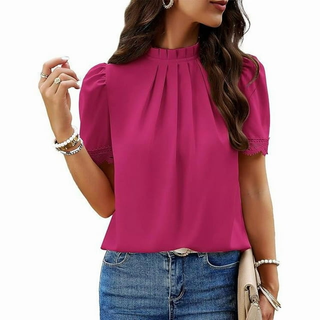 Blouses Décontractées pour Femmes avec Bordure en Dentelle Manches Courtes