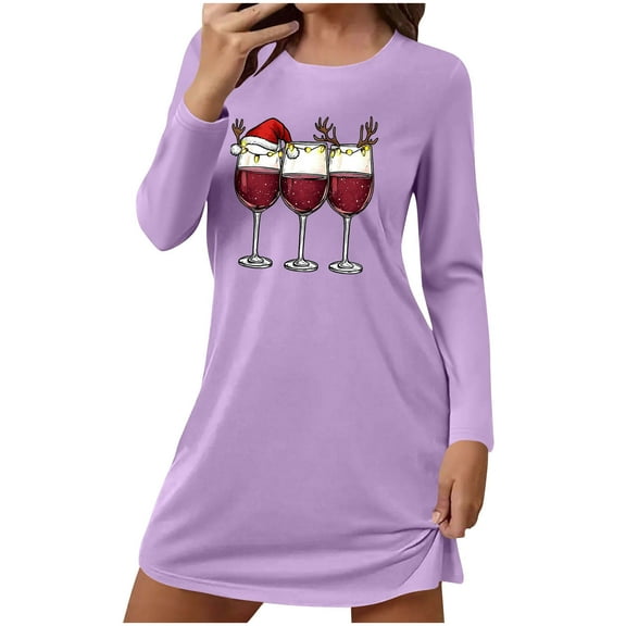 Wensltd Women's Short Sleepshirts Stylish Long Sleeve Round Neck Christmas Home Wear Nightgown S-XXL