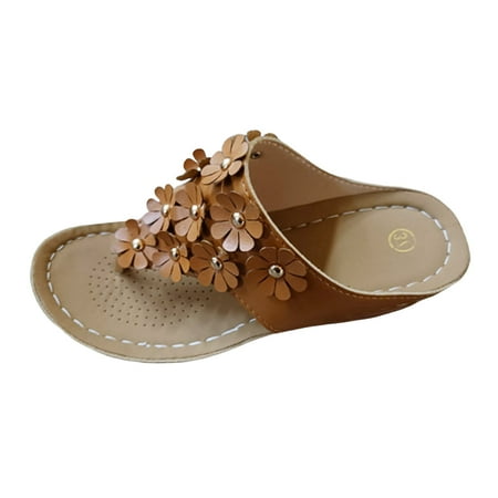 GHSOHS Womens Sandals Plus Size Heeled Sandals Flip-Flops Slippers Thong Sandals for Women Solid Leather Flower Decoration Clip Toe Slope Heel Thick Sole Sandals Beach Shoes Casual Shoes