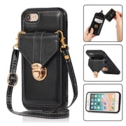 Crossbody Wallet Women Case for iPhone 7, iPhone 8, iPhone SE 2020, iPhone SE 2022,[RFID Blocking] Credit Card Holder with Should Strap,Premium PU Leather Purse Metal Buckle Folio Flip Cover, Black