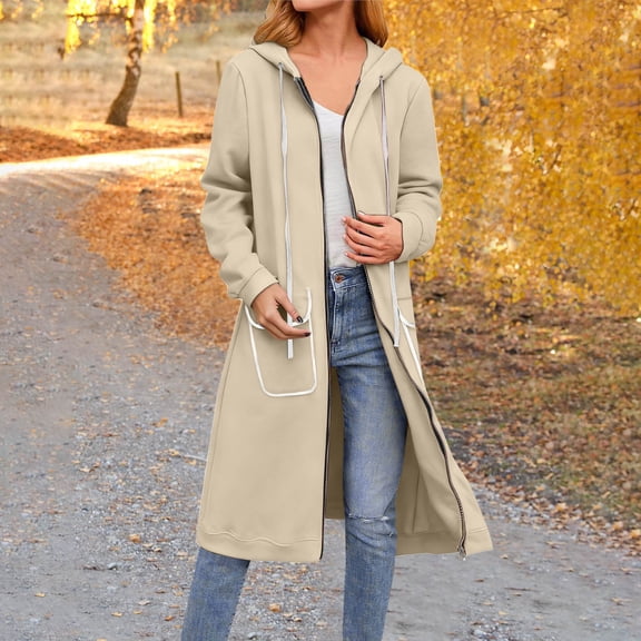DPTALR Women's Casual Fashion Solid Color Long Sleeve Hooded Drawstring Coat with Pocket and Zipper,Khaki,Size S
