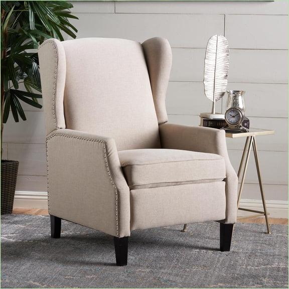 Recliners, Traditional Wingback Pushback Recliner with Nailhead Trim & Dark Brown Birch Legs | Wheat Fabric