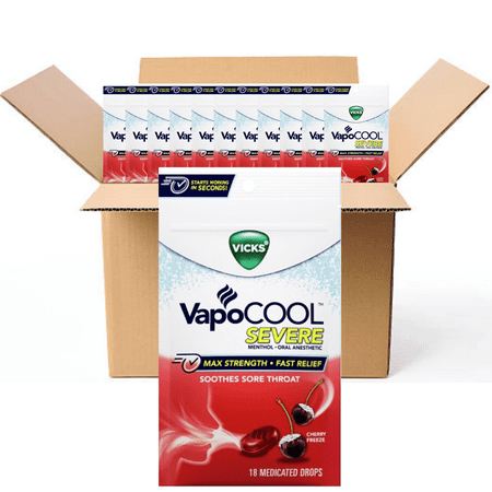 Vicks VapoCool CHERRY Severe Menthol Drops MAX STRENGTH cold Medicine for Sore Throat Remedy 18 Per Pouch (CASE OF 12)