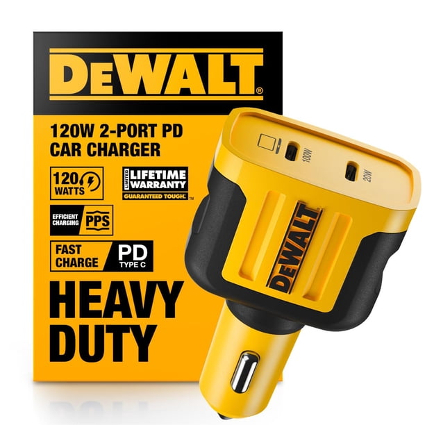 Cargador de Coche DEWALT USB C Negro 120W 2-Puerto PD 3.0 Carga Rápida con Power Delivery
