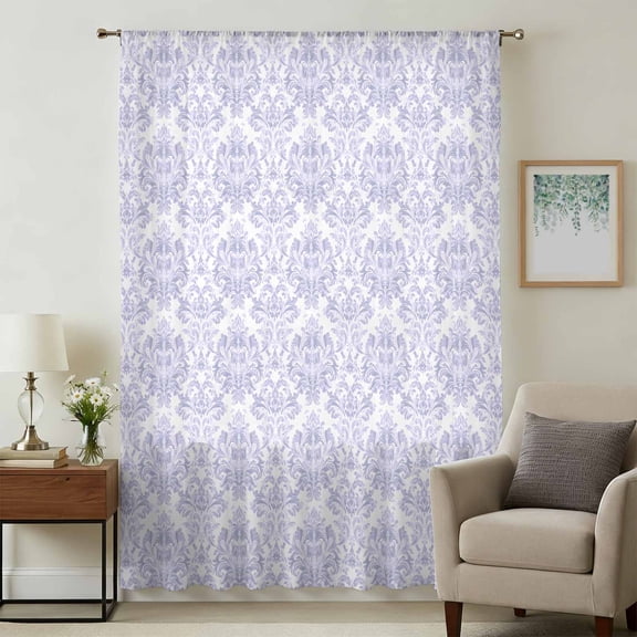 Purple Baroque Sheer Curtains 84 Inches Long, Chic Luxury Medallion Printed Flowe Light Filering Curtains, Breathable Simi Curtain Privacy Drapes for Living Room Bedroom Lightweight Window Treatment