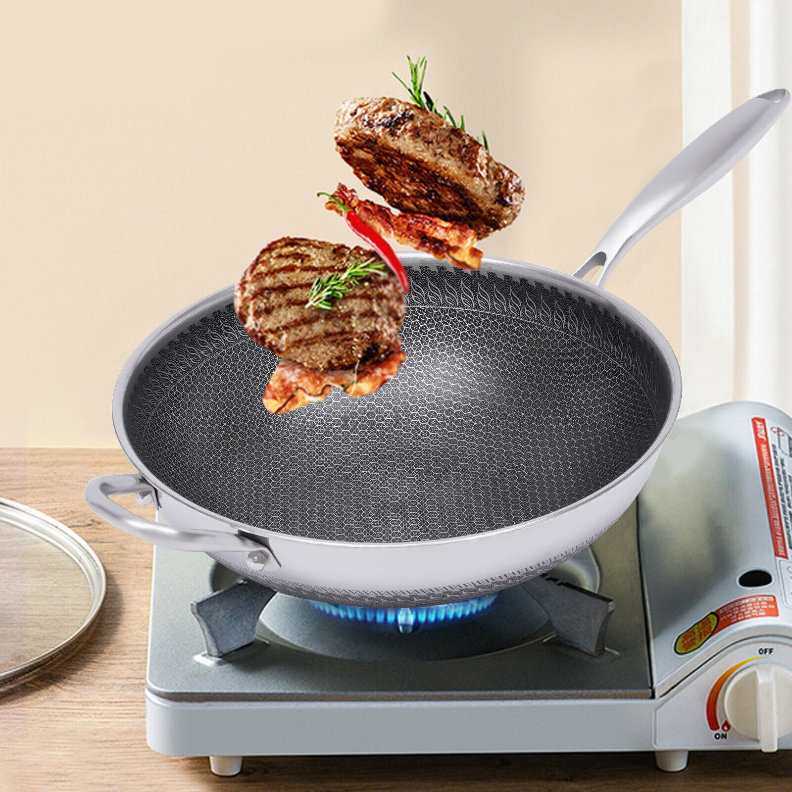 Silver Non Stick Double Sided Honeycomb Cooking Frying Wok Pan with Lid Stainless Steel for Electric Stoves