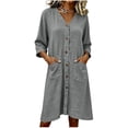 thumbnail image 2 of Yteetum Summer Dresses for Women Cotton Linen 3/4 Sleeve V Neck Button Dress Casual Solid Loose Breathable Qucikly Dry 3/4 Length Sleeve Tavel Vacation Midi Dresses, 2 of 7