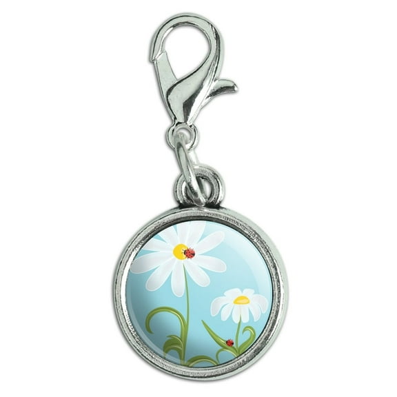 Sweet Ladybugs on Flowers Antiqued Bracelet Pendant Zipper Pull Charm with Lobster Clasp