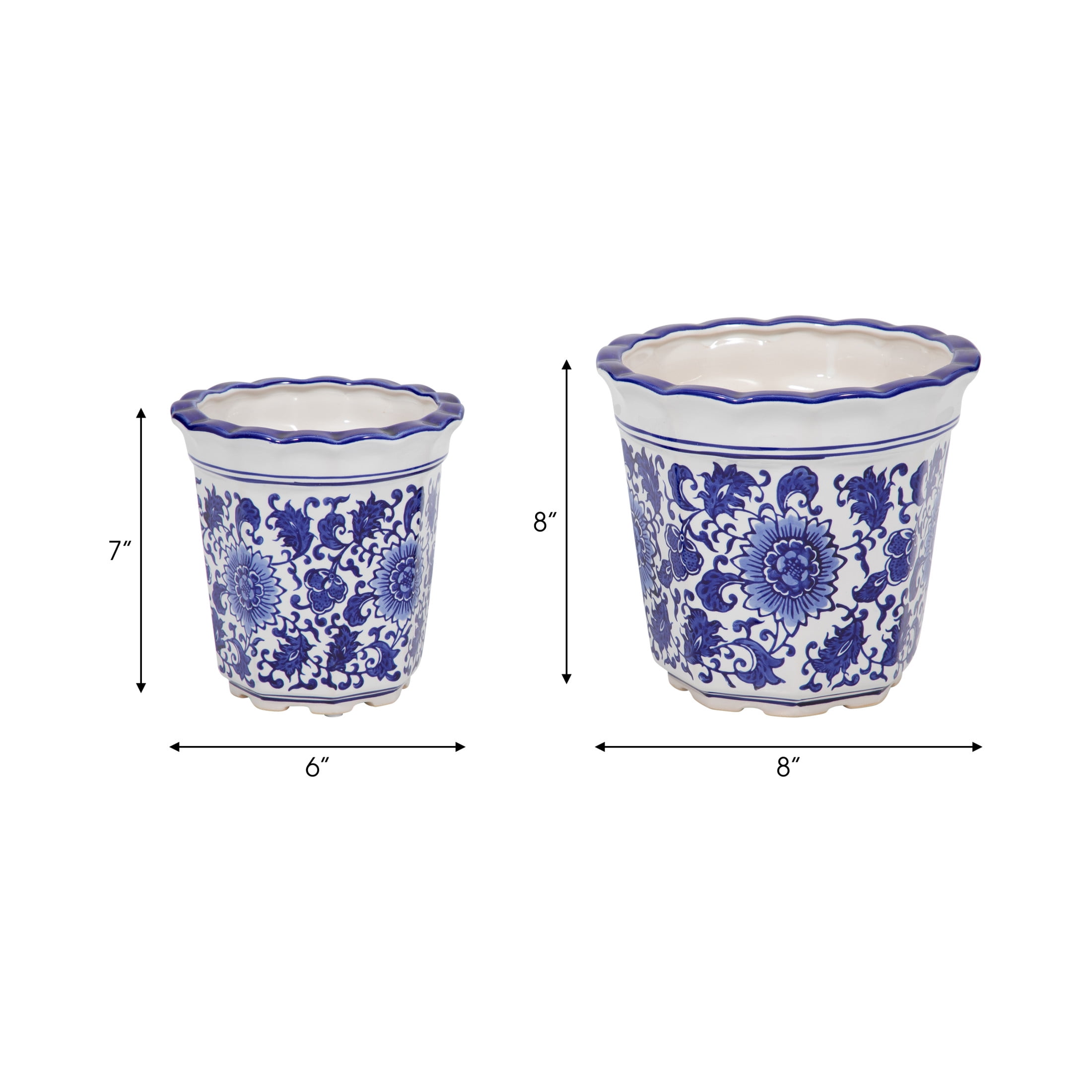 Decorative Chinoiserie Flower Pots for Home Décor - Elegant Ceramic Plant Pots for Outdoor and Indoor Plants - Garden Accent for Living Room, Entryway, or Patio - Set of 2, 8", 7", Blue & White
