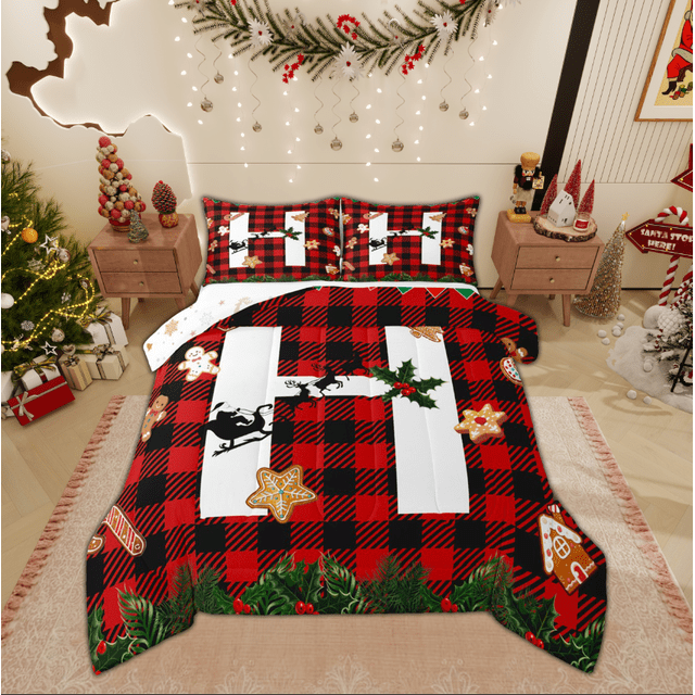 Manfei Merry Christmas Queen Comforter Set for Teens, Monogrammed H Bedding Sets, Initial Letter Reversible Bedding Comforter Set, Super Cozy Room Decor, 3-Piece