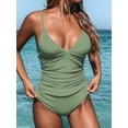 thumbnail image 3 of Cupshe Women's Green Ruched Vacation One Piece Swimsuit Plunging Neckline Monokini, Elastic, 3 of 5