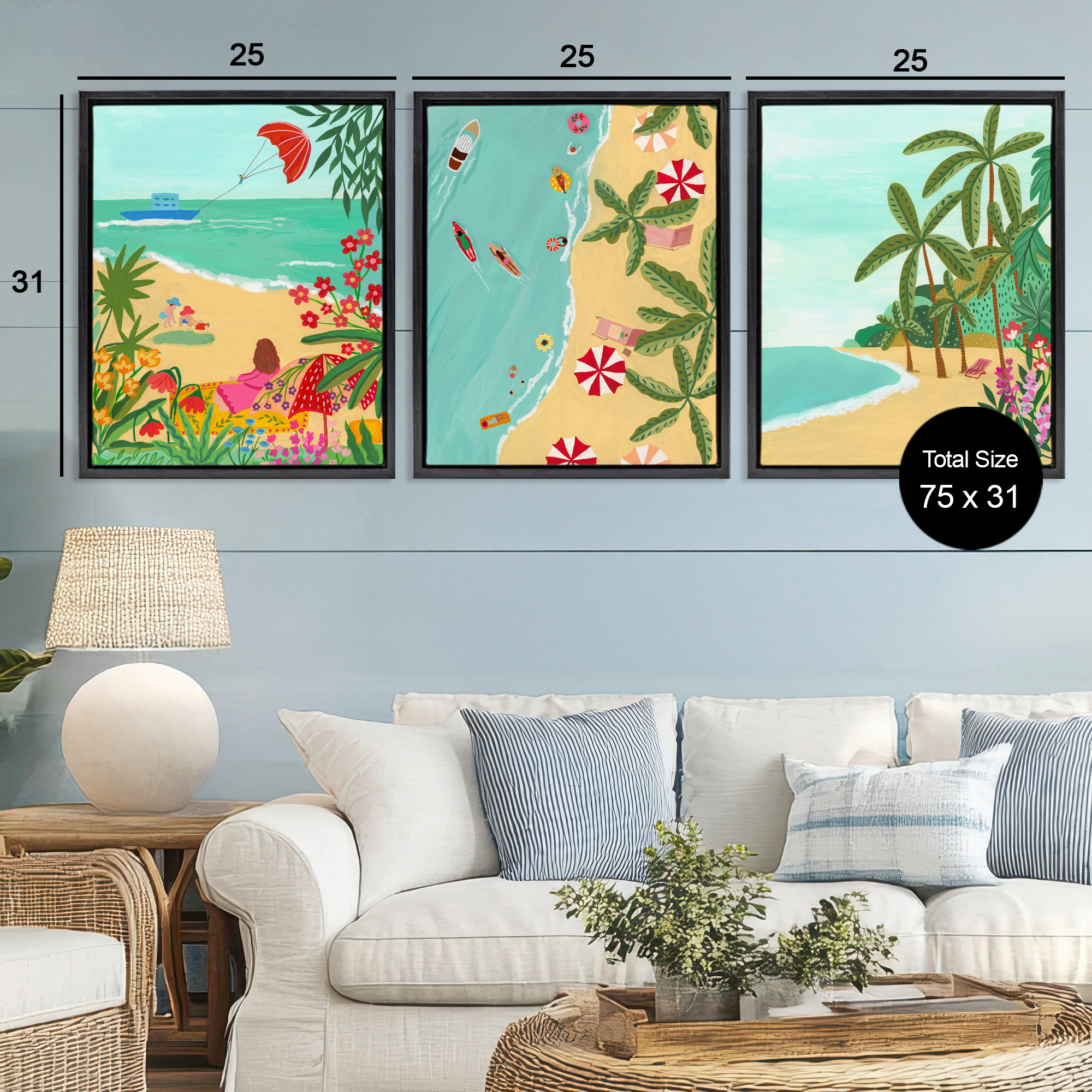 Busy Beach And Flowers 3 Piece Black Framed Floater Canvas Set, design by Nabeela Rumi