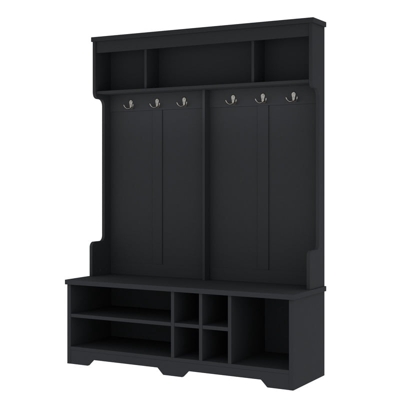 Modern Hall Tree with 6 Hooks, Entryway Coat Rack with Top Storage Space, Multi-Functional Mudroom Organizer Entryway Bench with Shoe Cubbies and Shelves for Hallway, Living Room