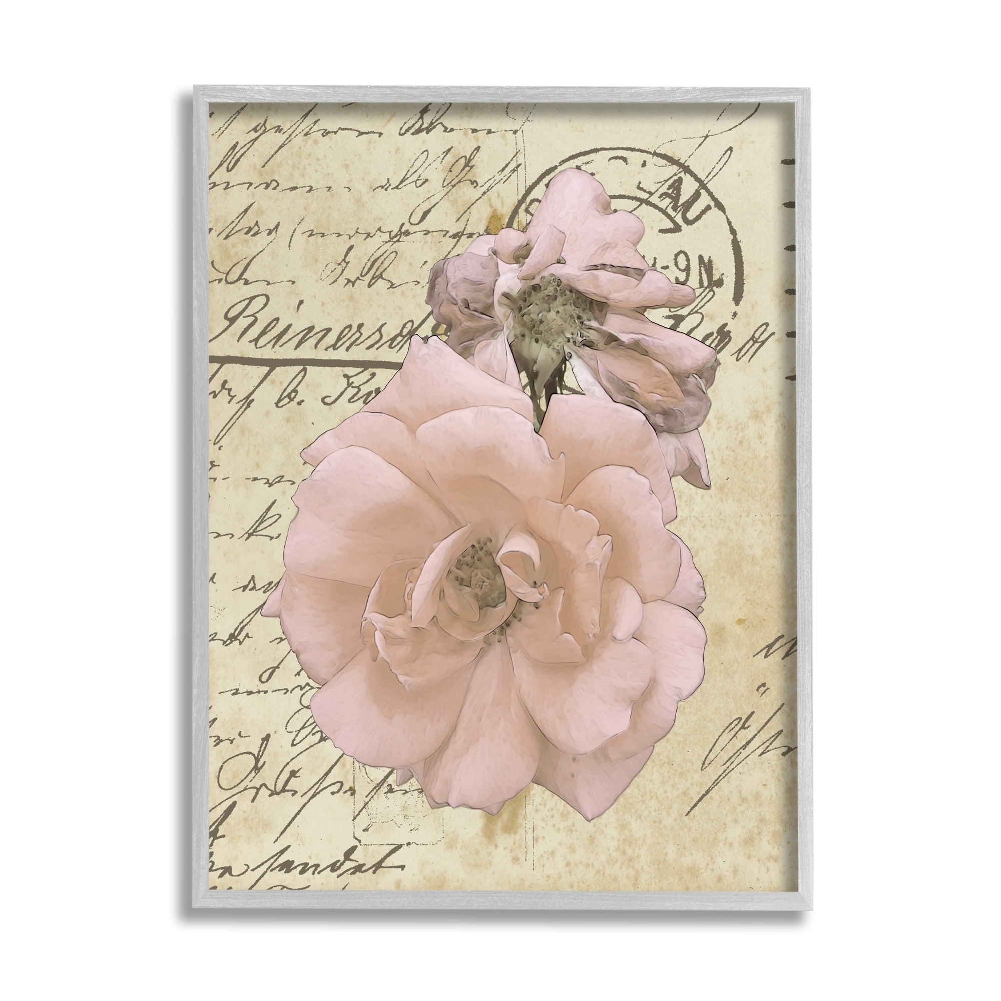 Stupell Industries Soft Pink Florals on Vintage Postal Letter,11 x 14,Designed by Alonzo Saunders