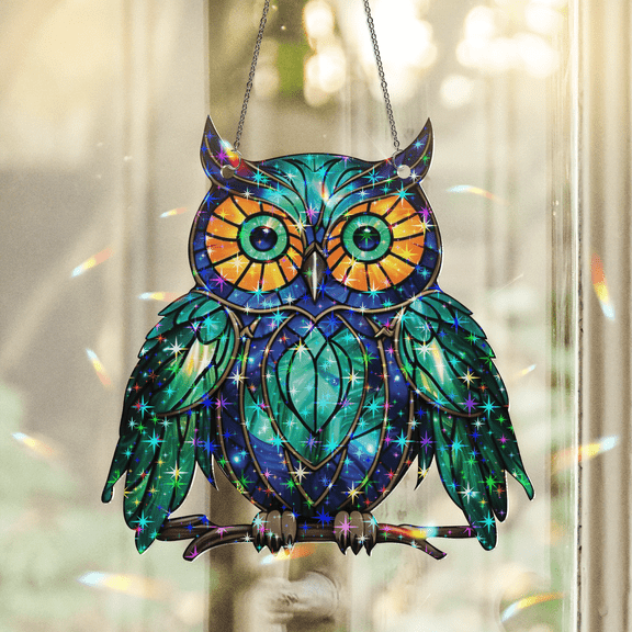 89Bloom Owl Stained Glass Hologram Ornament, Stained Glass Suncatcher Ornaments Home Decor, Holographic Ornaments
